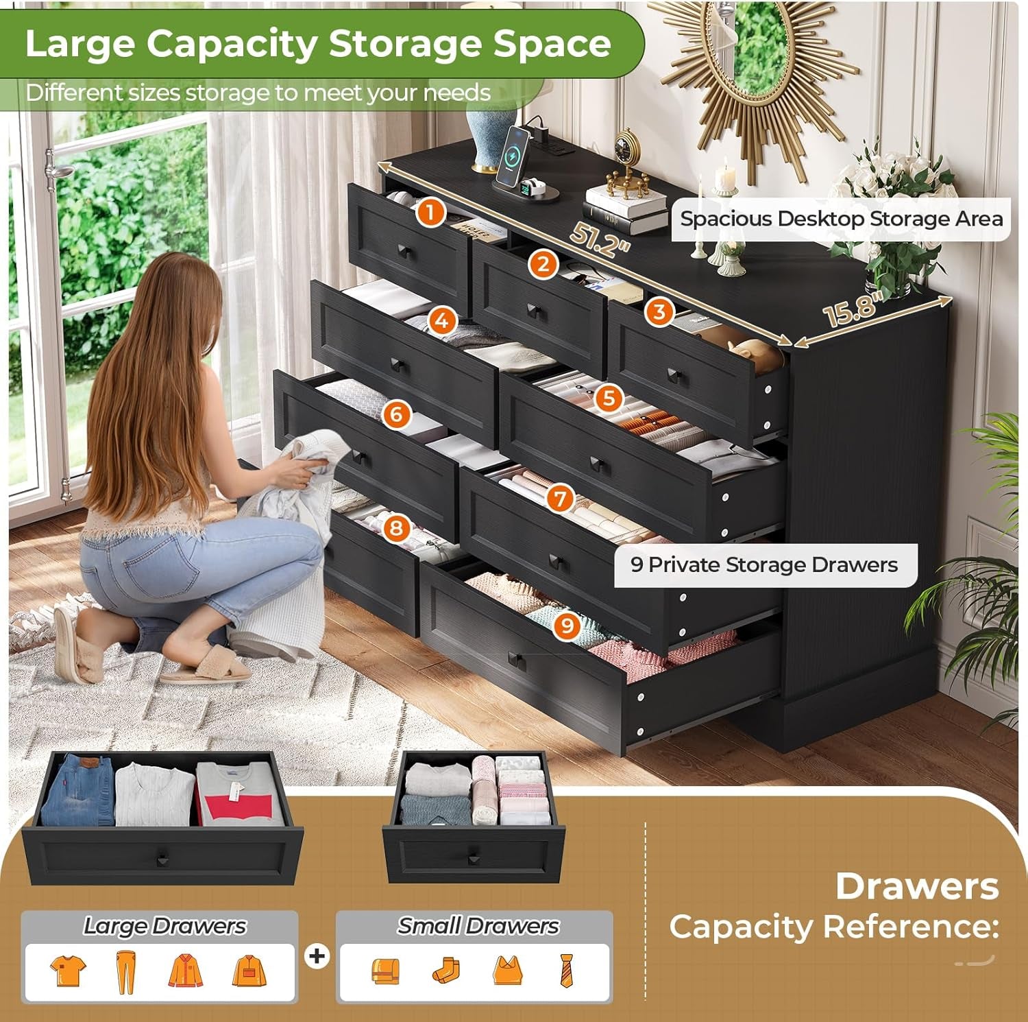 Black Dresser for Bedroom with 9 Drawers, 51.2" Large Drawer Dresser with Charging Station, Wide Farmhouse Dresser Chest of Drawers, Wooden Storage Tower Organizer, Dresser for Bedroom Closet ShipItFurniture