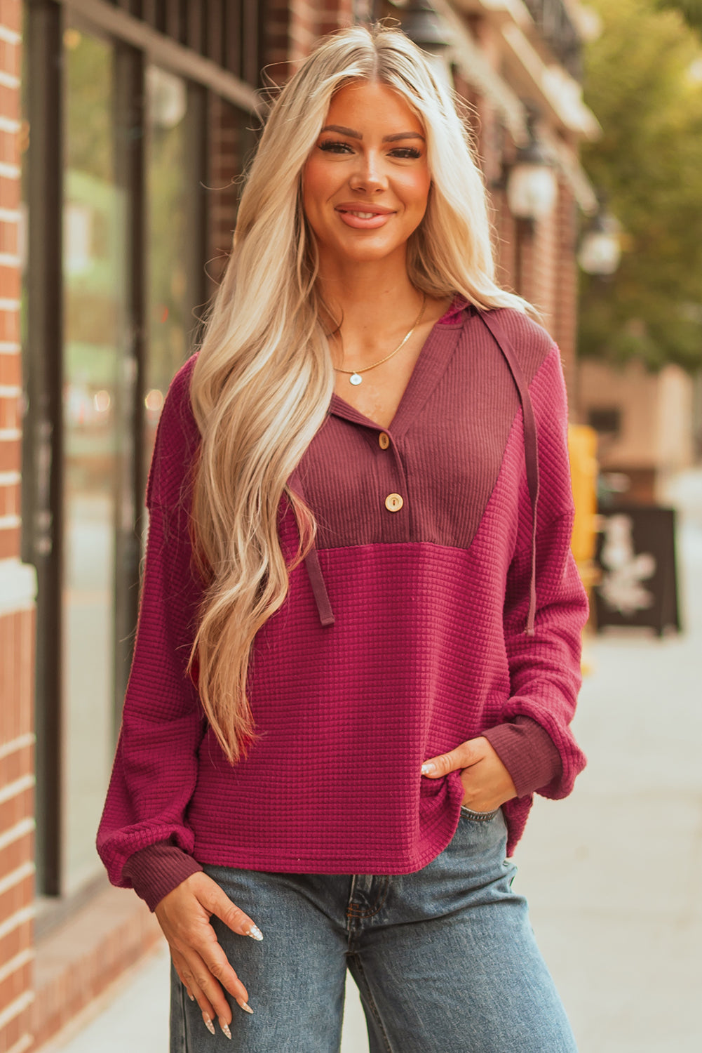 River Waffle Hooded Long Sleeve Top Threaded Pear