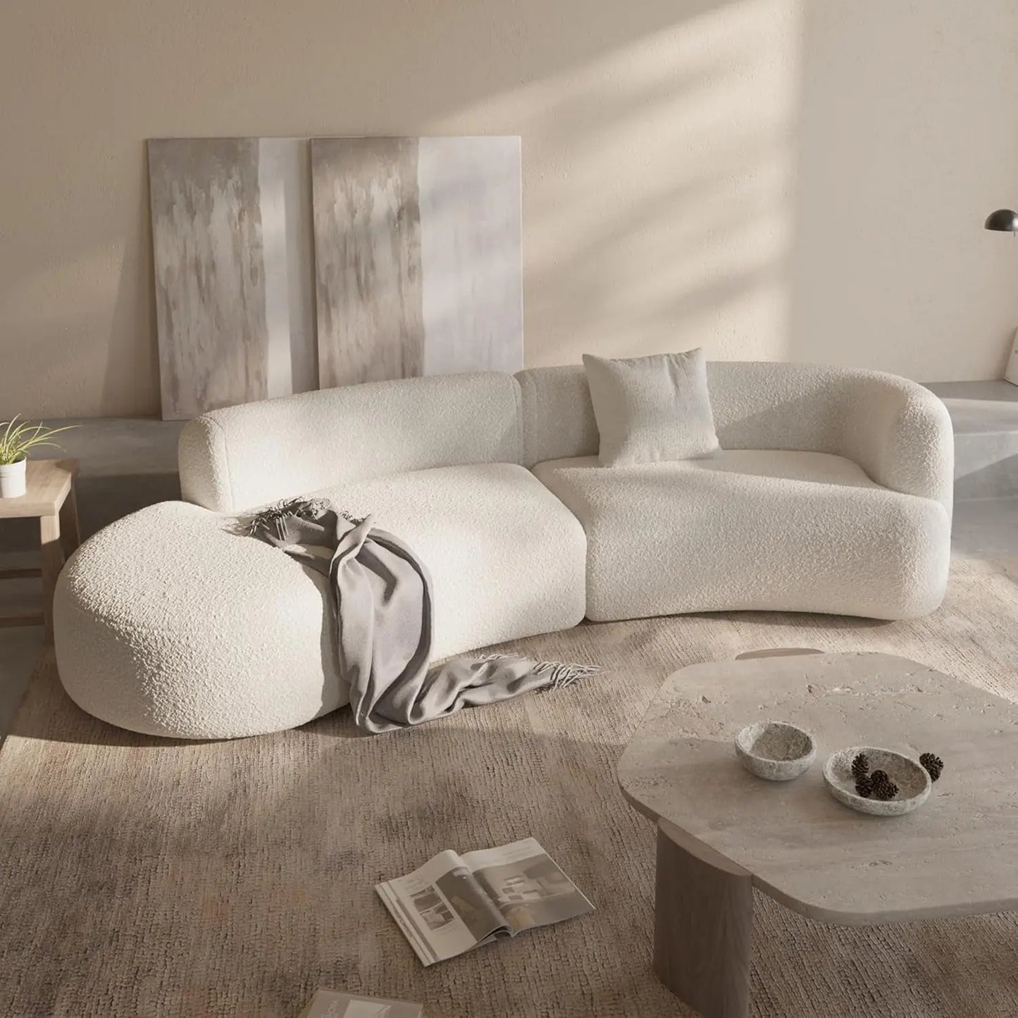 White Boucle Curved Sectional Sofa Modular Living Room ShipItFurniture