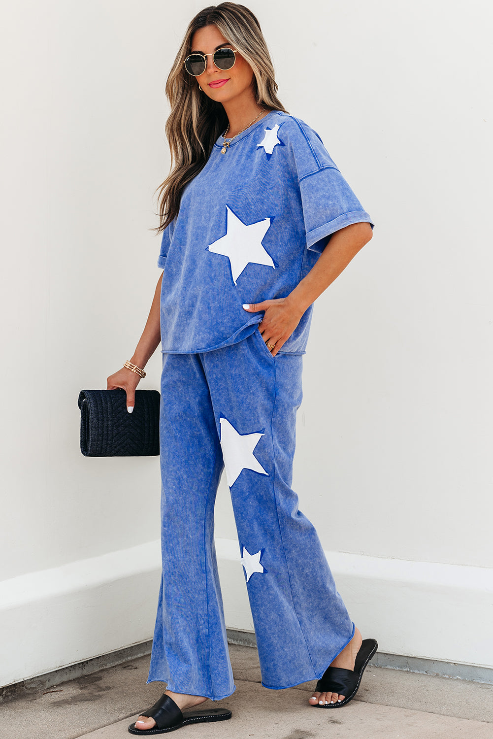 Arabella Acid Wash Star Patched Rolled Trim Pants Set Threaded Pear