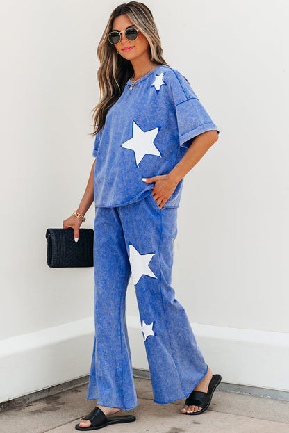 Arabella Acid Wash Star Patched Rolled Trim Pants Set