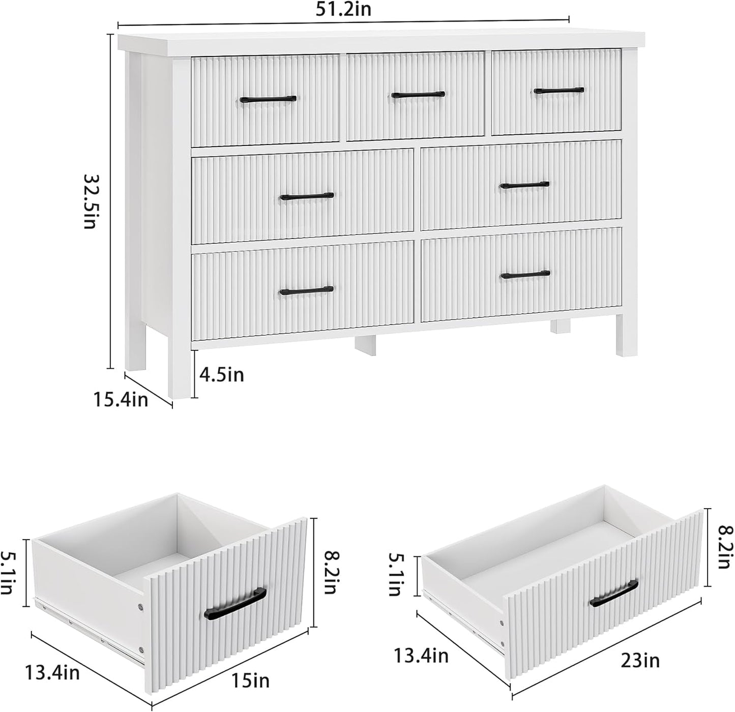 White Dresser 7 Drawer Dresser for Bedroom, Modern Fluted Dresser with Solid Wood Legs, Long Double Wooden Dresser Large Chest of Drawers for Living Room, Entryway, Hallway (White Fluted) ShipItFurniture