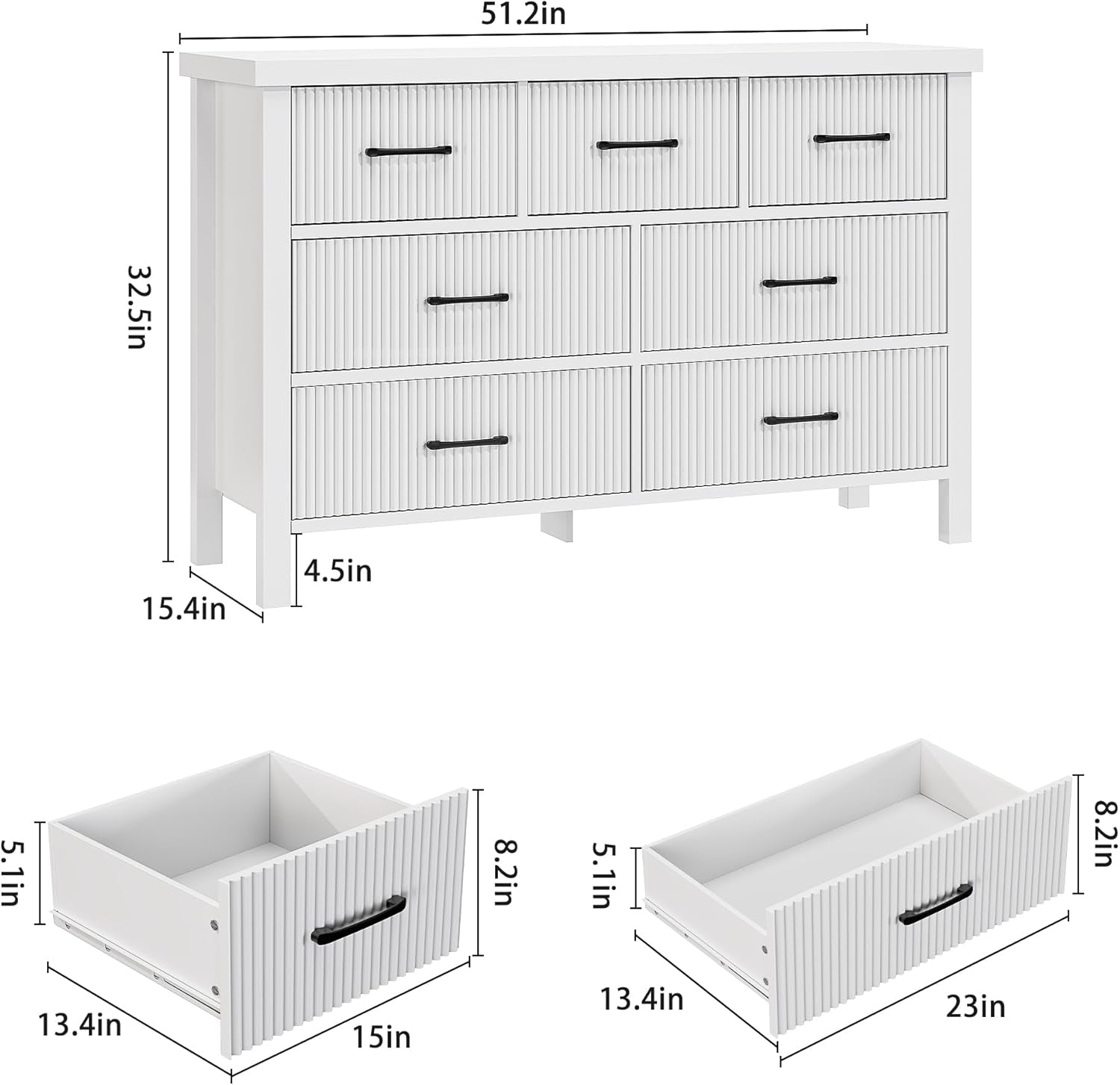 White Dresser 7 Drawer Dresser for Bedroom, Modern Fluted Dresser with Solid Wood Legs, Long Double Wooden Dresser Large Chest of Drawers for Living Room, Entryway, Hallway (White Fluted) ShipItFurniture