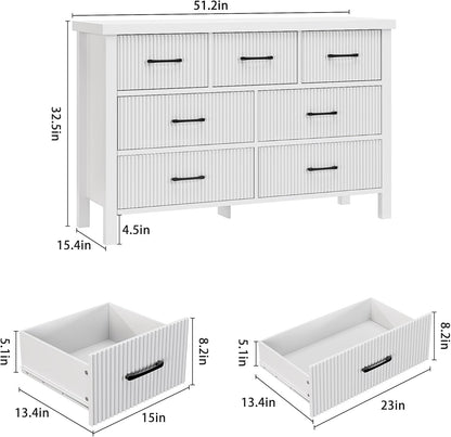 White Dresser 7 Drawer Dresser for Bedroom, Modern Fluted Dresser with Solid Wood Legs, Long Double Wooden Dresser Large Chest of Drawers for Living Room, Entryway, Hallway (White Fluted) ShipItFurniture