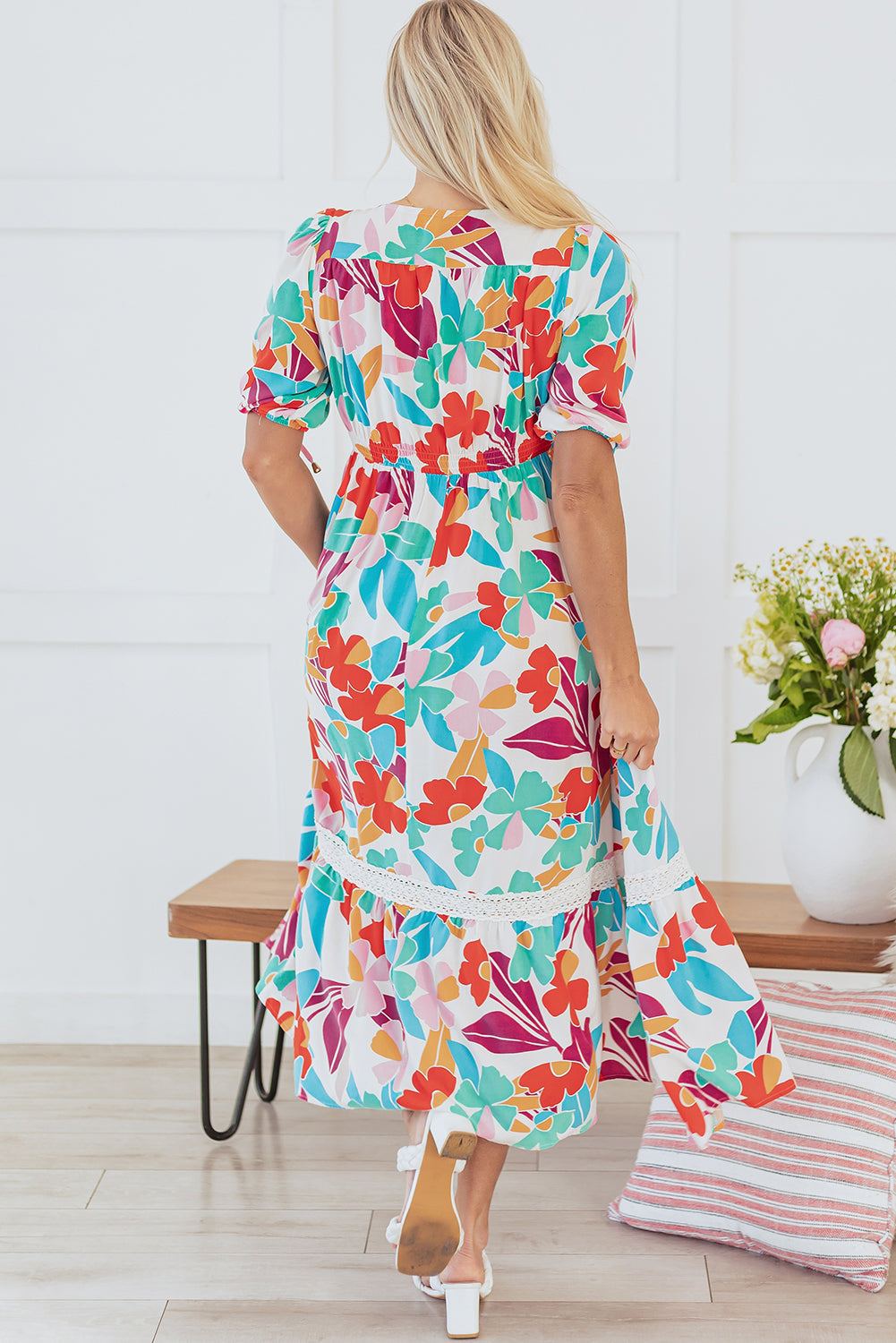 Sky Floral Knot Puff Sleeve Buttoned Front Maxi Dress
