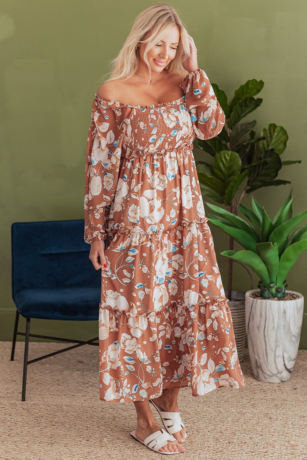 Willow Floral Shirred Square Neck High Waist Maxi Dress Threaded Pear