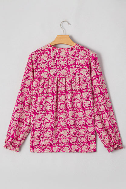 Pink Floral Print Split Neck Pleated Puff Sleeve Blouse