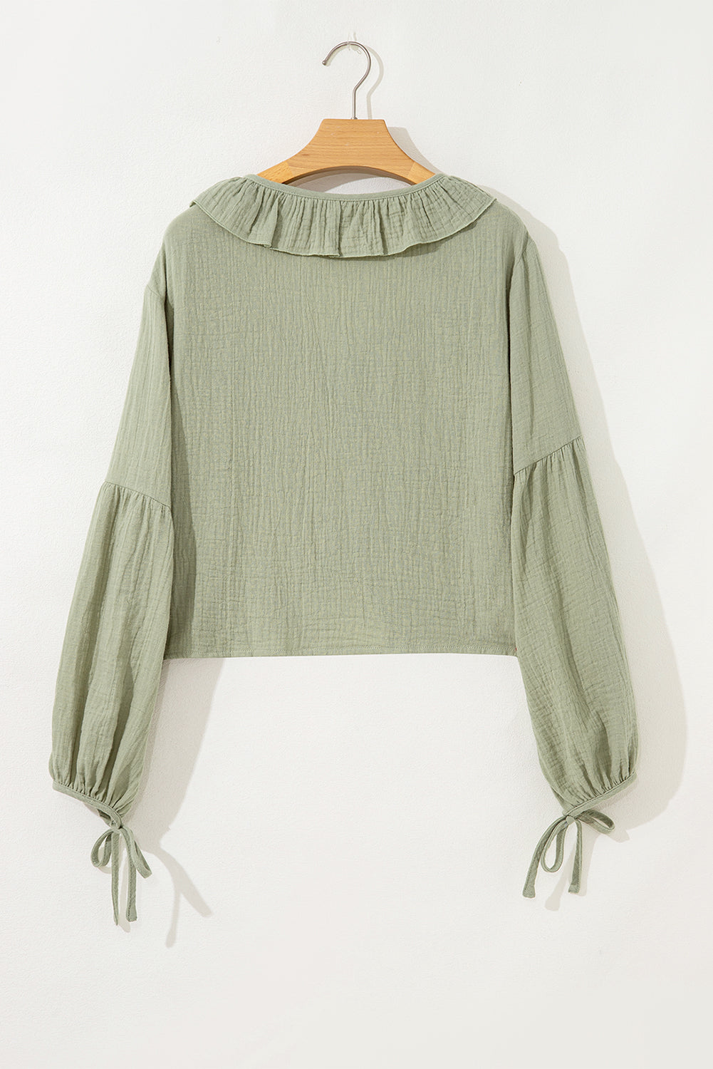 Natalia Bow Tie Front Ruffle Trim Long Sleeve Gauze Blouse - Get it from Bo