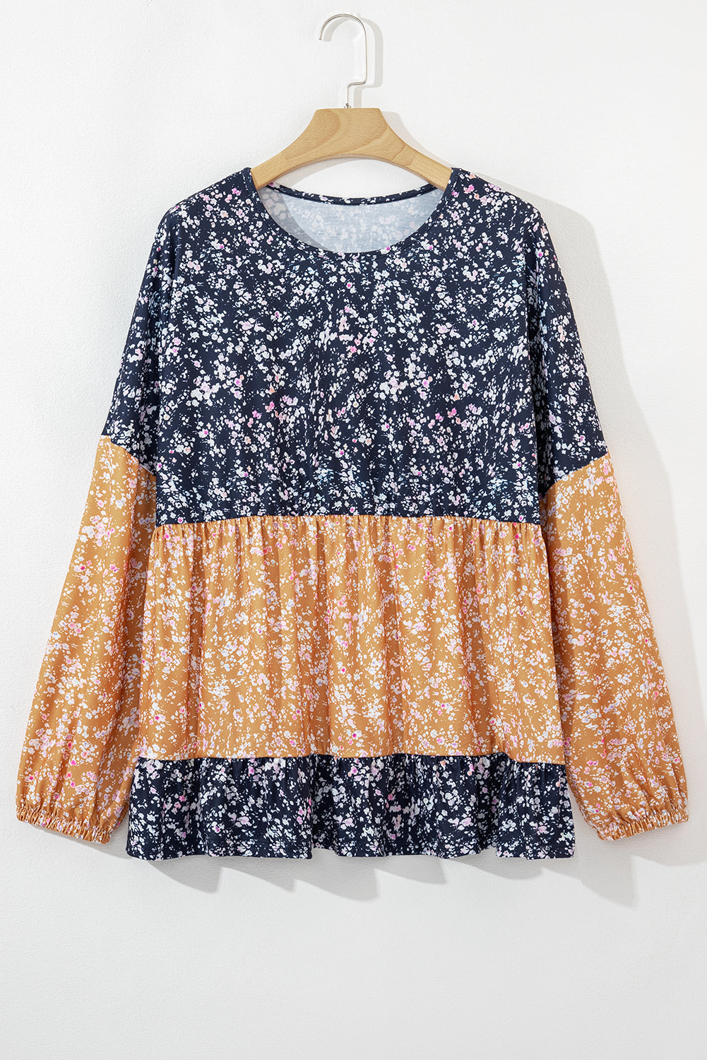 Cecilia Floral Ruffled Hem Round Neck Blouse Threaded Pear