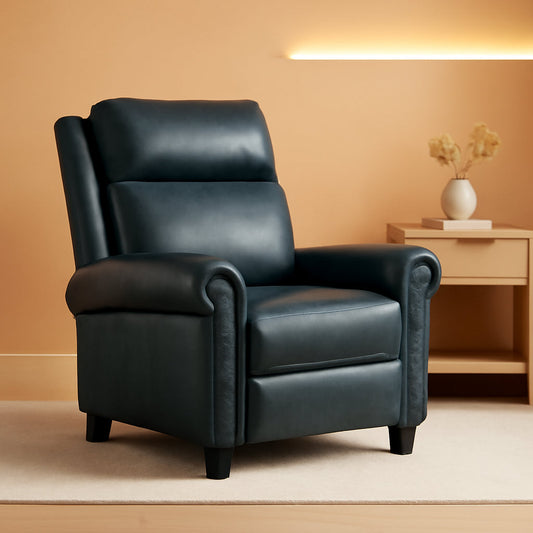 Navy Blue Leather Recliner Chair Push Back Compact ShipItFurniture