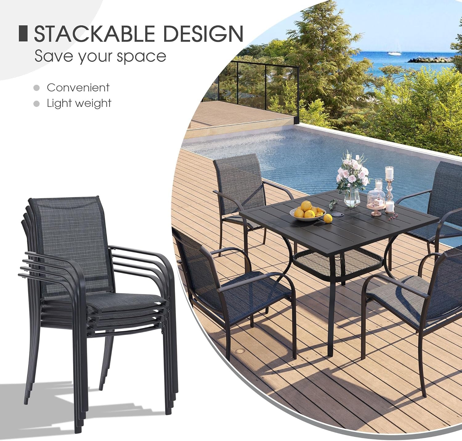 5 Pieces Patio Dining Set, Outdoor Furniture Set Includes 1 Square Patio Table and 4 Stackable Patio Sling Chairs, Outdoor Table and Chairs for Outsides, Black Table and Grey Chairs ShipItFurniture