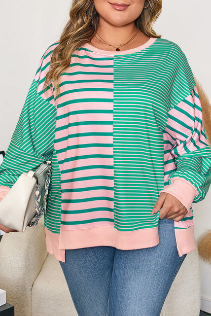 Green Stripe Color Block Exposed Seam Side Slit Plus Size Sweatshirt