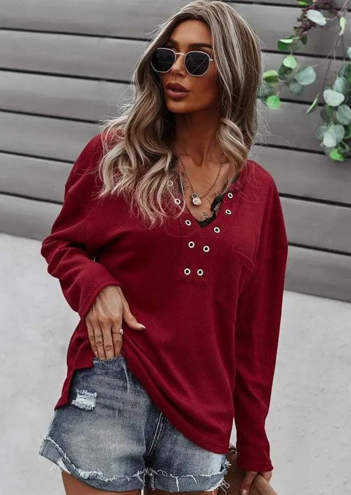 Faux Button Placket Sweater - Get it from Bo