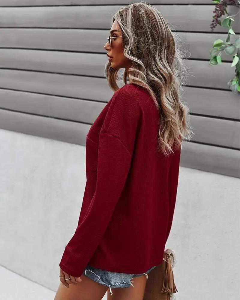 Faux Button Placket Sweater - Get it from Bo