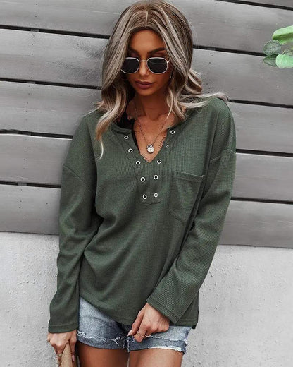Faux Button Placket Sweater - Get it from Bo