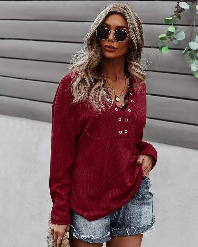Faux Button Placket Sweater - Get it from Bo