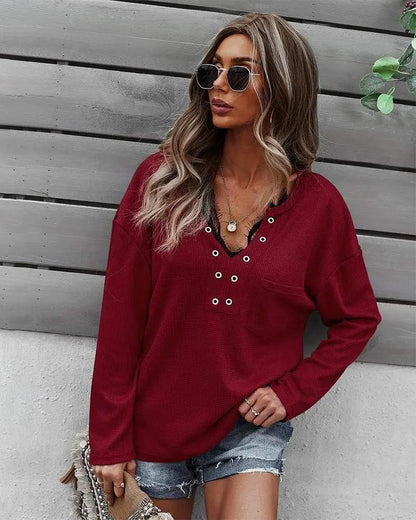 Faux Button Placket Sweater - Get it from Bo