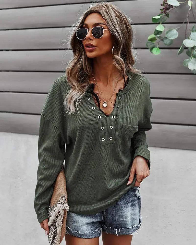 Faux Button Placket Sweater - Get it from Bo