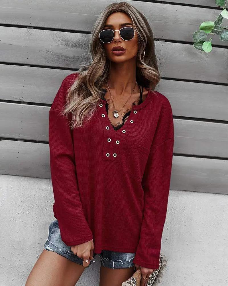 Faux Button Placket Sweater - Get it from Bo