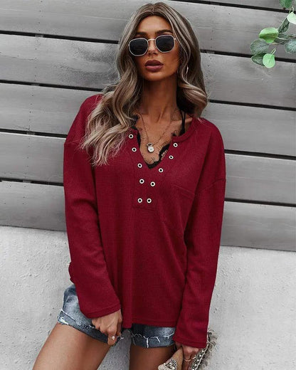 Faux Button Placket Sweater - Get it from Bo