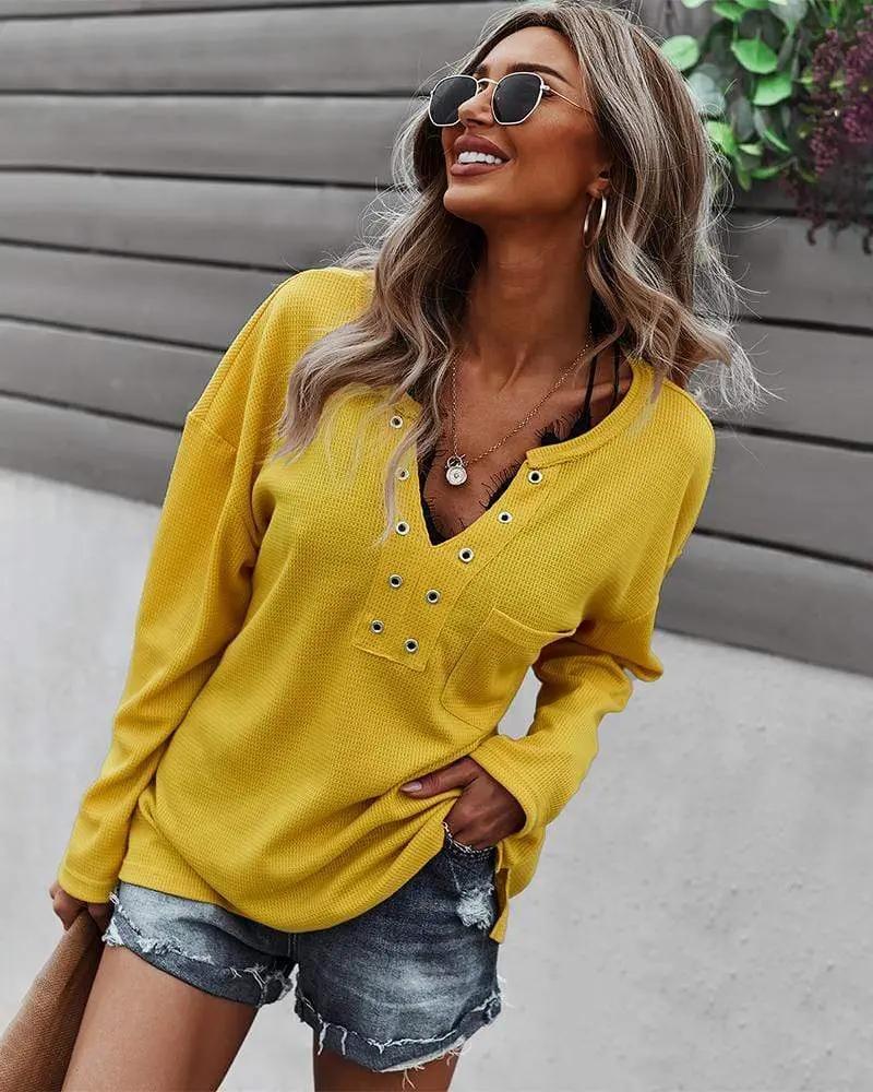 Faux Button Placket Sweater - Get it from Bo