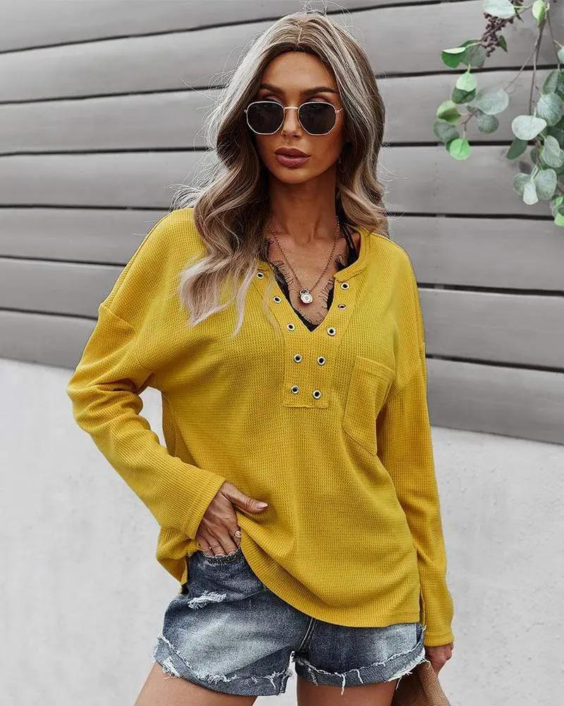 Faux Button Placket Sweater - Get it from Bo