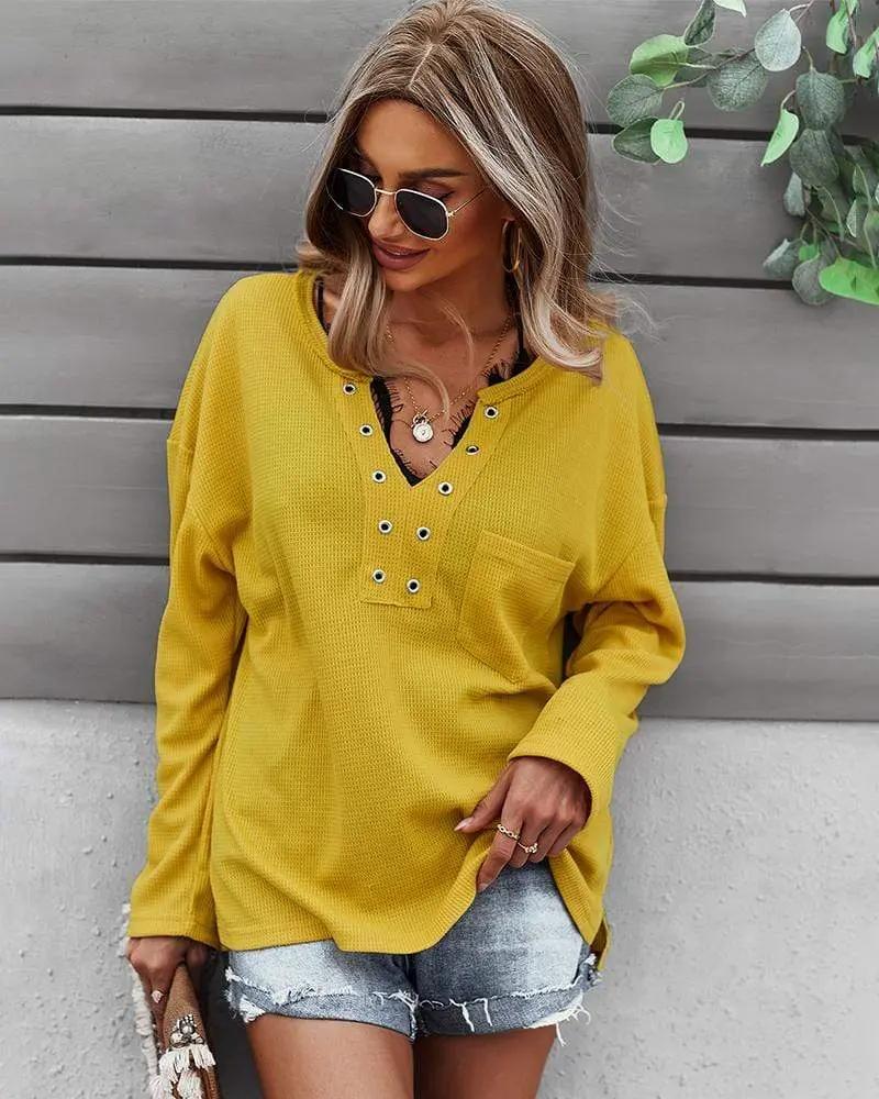 Faux Button Placket Sweater - Get it from Bo