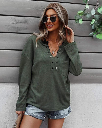 Faux Button Placket Sweater - Get it from Bo