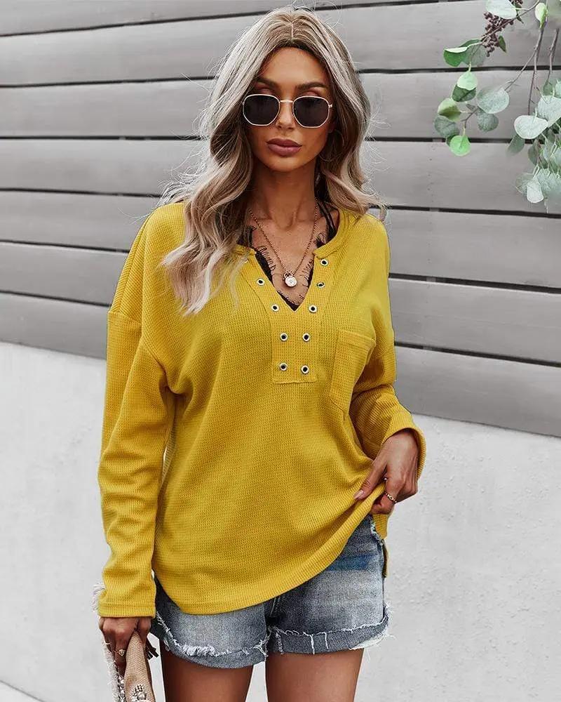 Faux Button Placket Sweater - Get it from Bo
