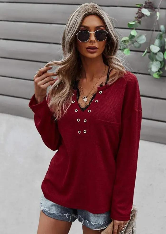 Faux Button Placket Sweater - Get it from Bo