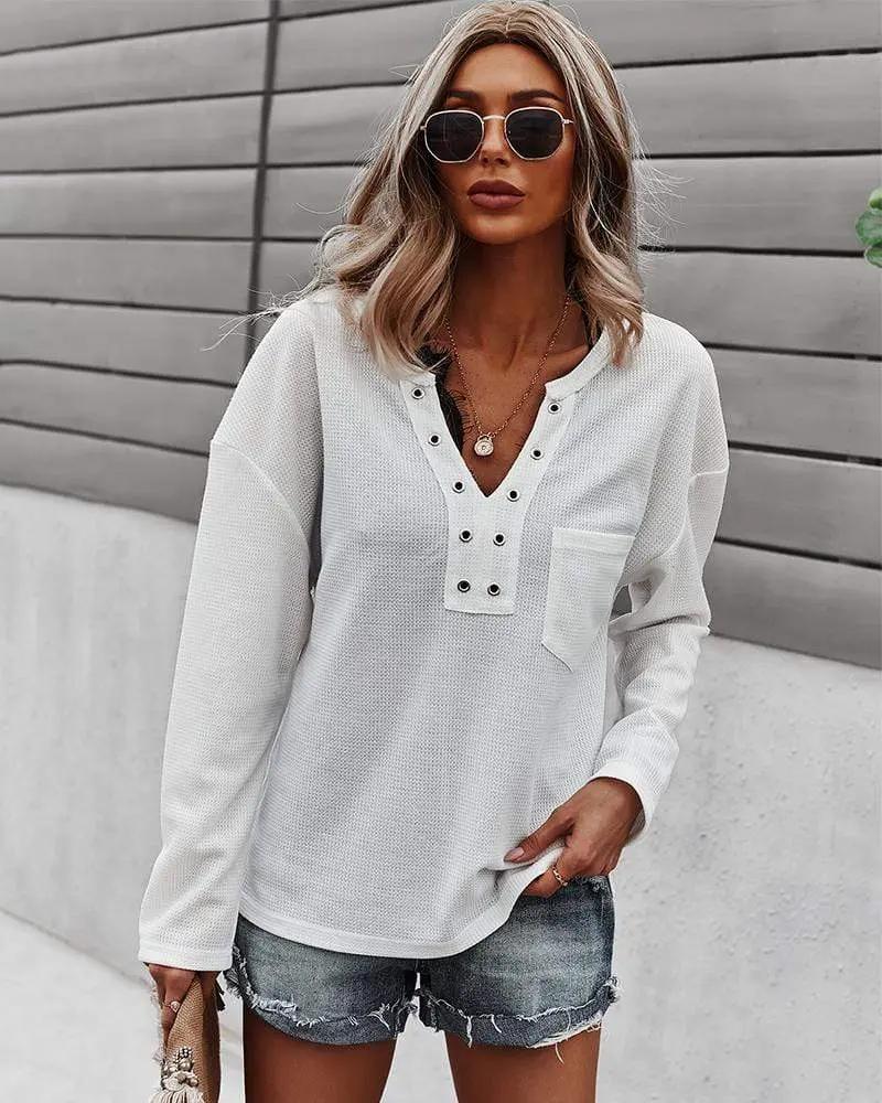 Faux Button Placket Sweater - Get it from Bo