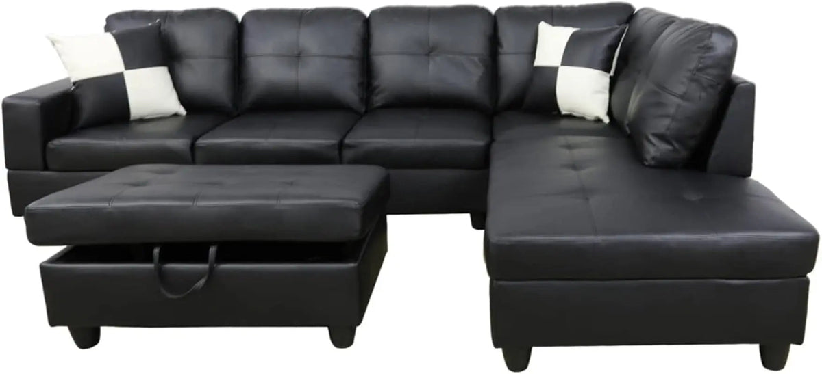 Faux Leather L Shaped Sectional Sofa Black 103 Inch Wide With Ottoman - Get it from Bo