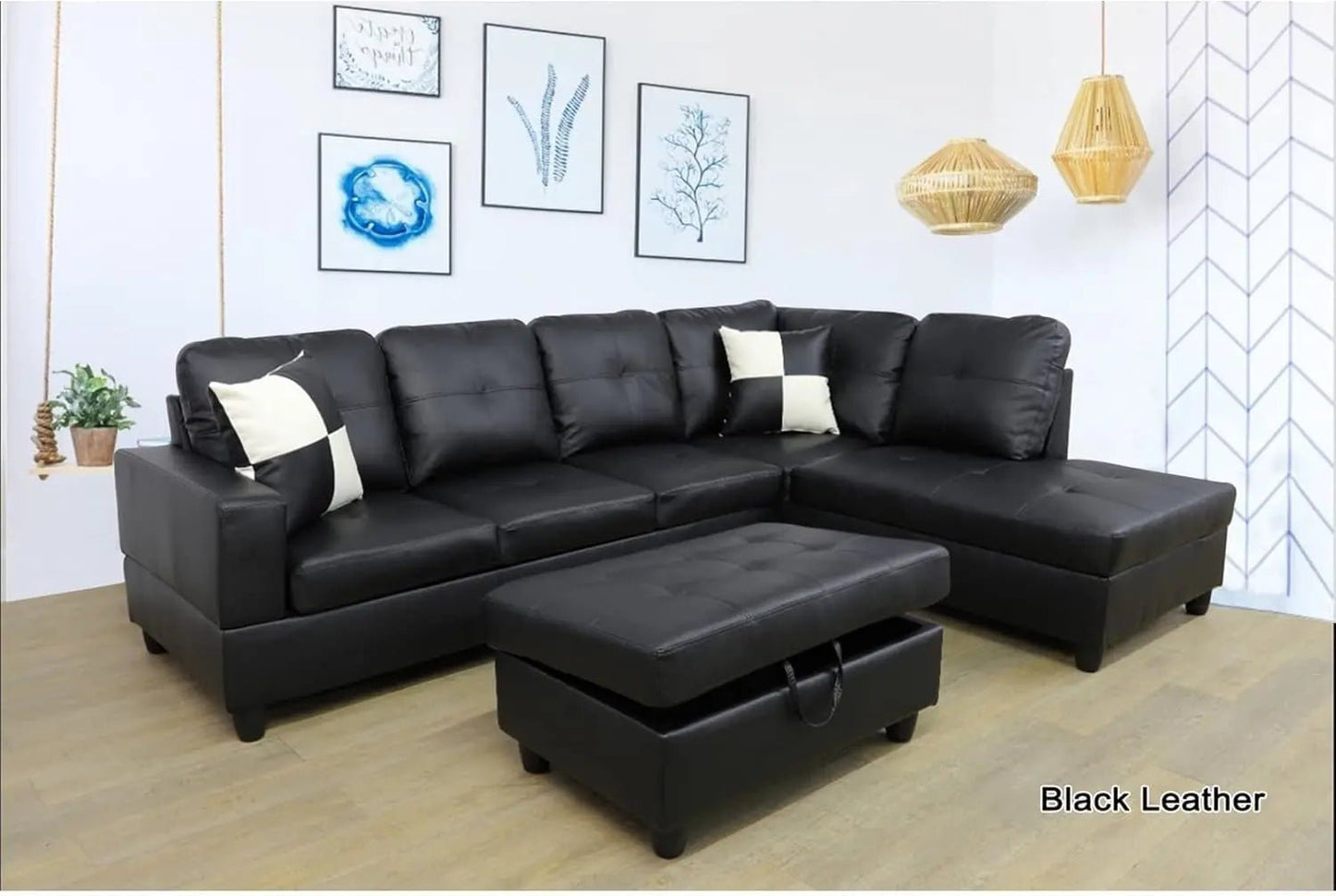Faux Leather L Shaped Sectional Sofa Black 103 Inch Wide With Ottoman - Get it from Bo