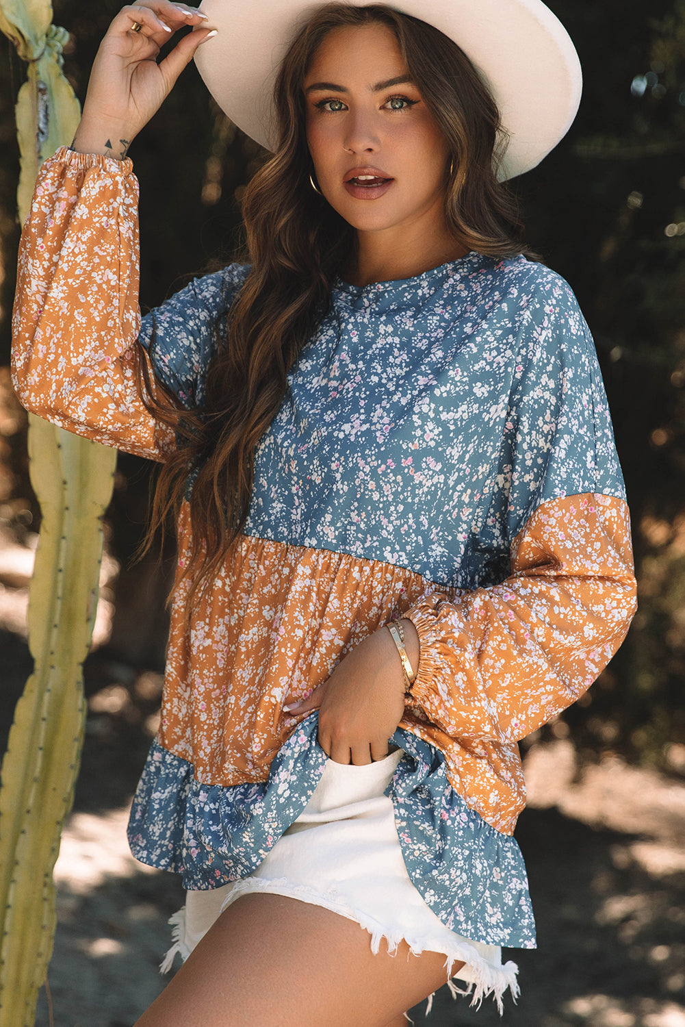 Cecilia Floral Ruffled Hem Round Neck Blouse Threaded Pear