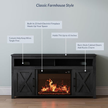 58 Inch Farmhouse TV Stand With Electric Fireplace Grey