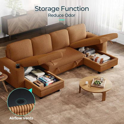 Brown UShaped Convertible Sectional Sofa Bed USBPort ShipItFurniture