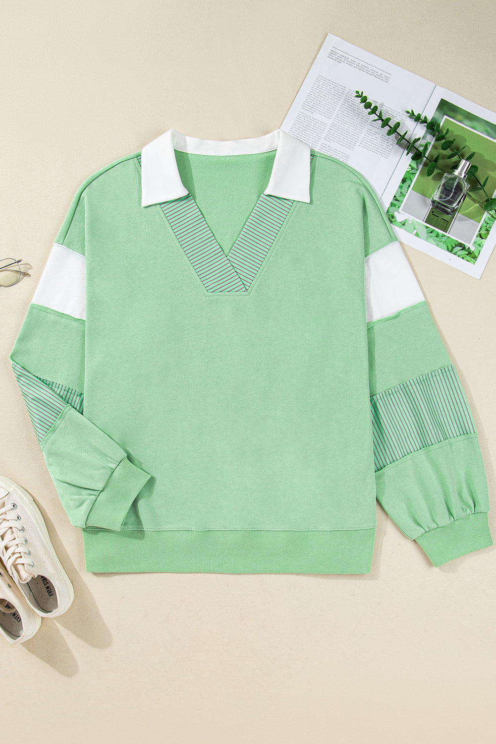 Moonlight Jade Color Block Striped Patchwork Collar V Neck Plus Size Sweatshirt