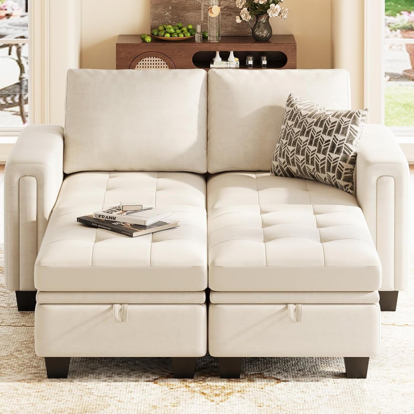 Beige Velvet Modular Sectional Sofa With Storage Sleeper ShipItFurniture