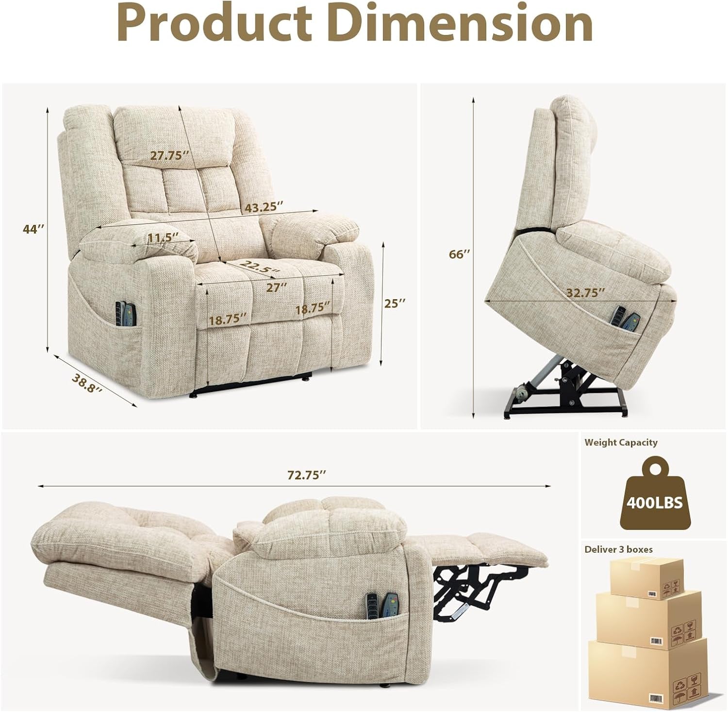 Power Lift Recliner Chair With Massage And Heat Cream White ShipItFurniture