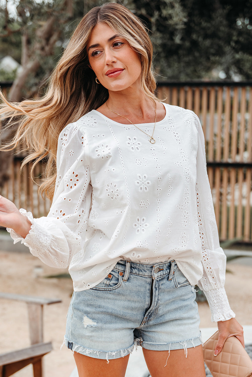 Allison Eyelet Embroidered Smocked Cuff Sheer Blouse Threaded Pear