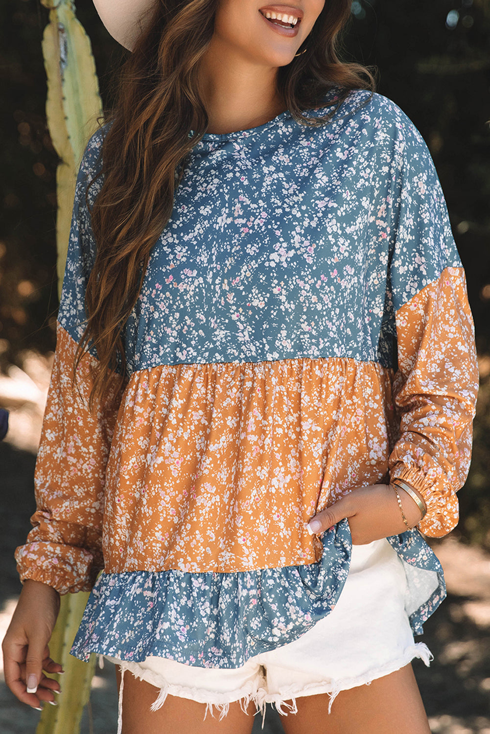 Cecilia Floral Ruffled Hem Round Neck Blouse Threaded Pear