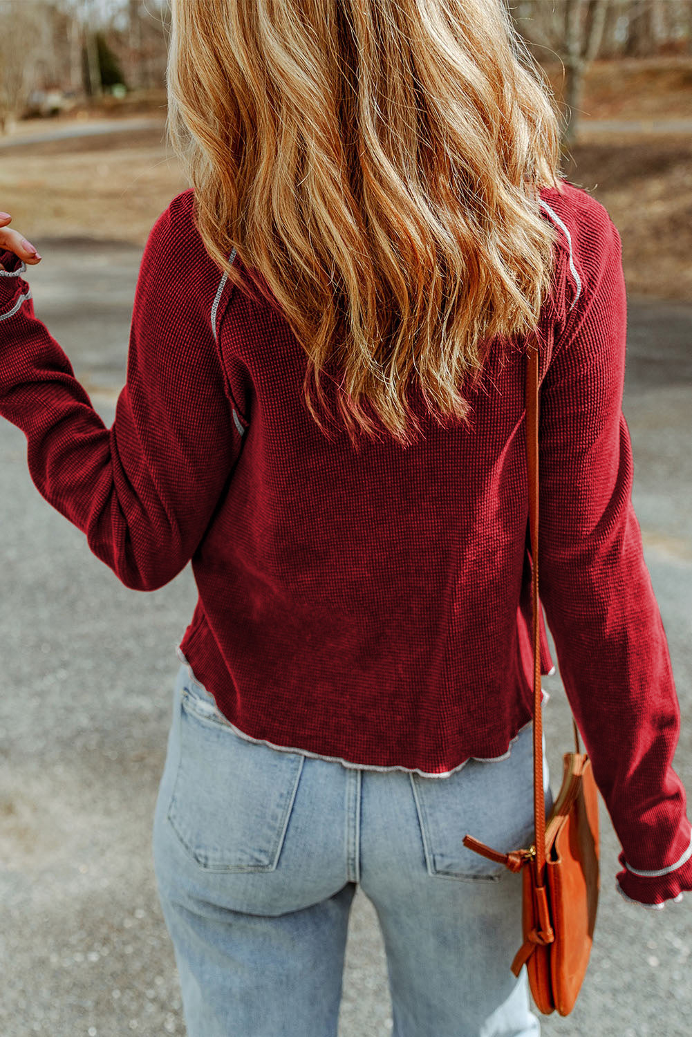 Daisy Textured Round Neck Long Sleeve Top Threaded Pear