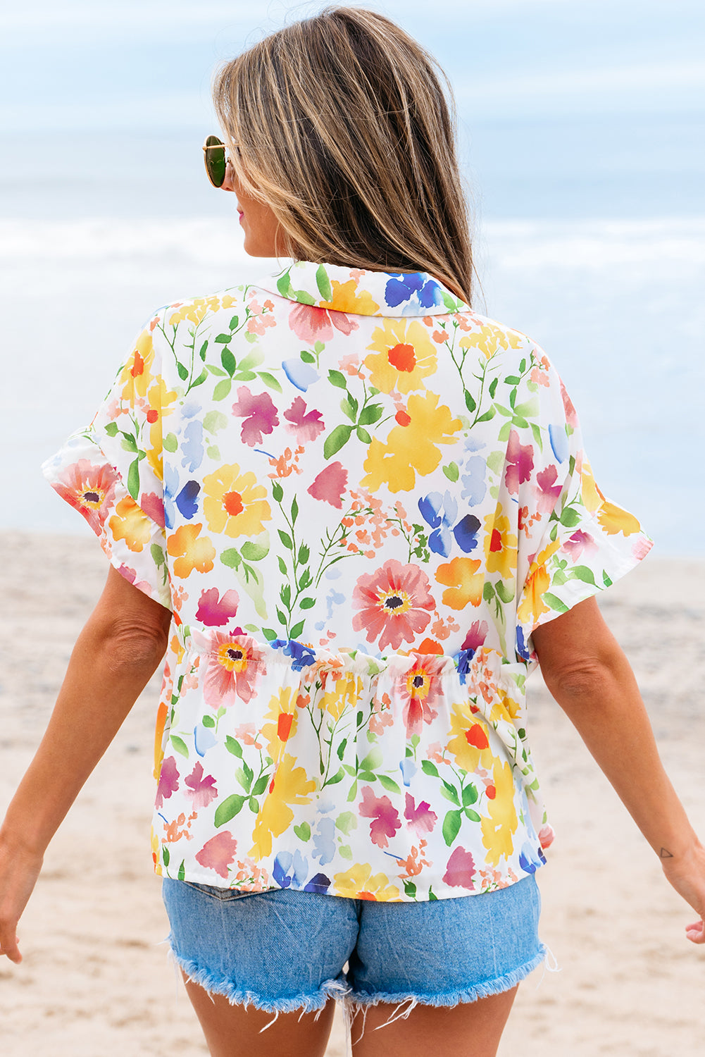 Liberty Floral Boxy Fit Ruffled Short Sleeve V Neck Blouse