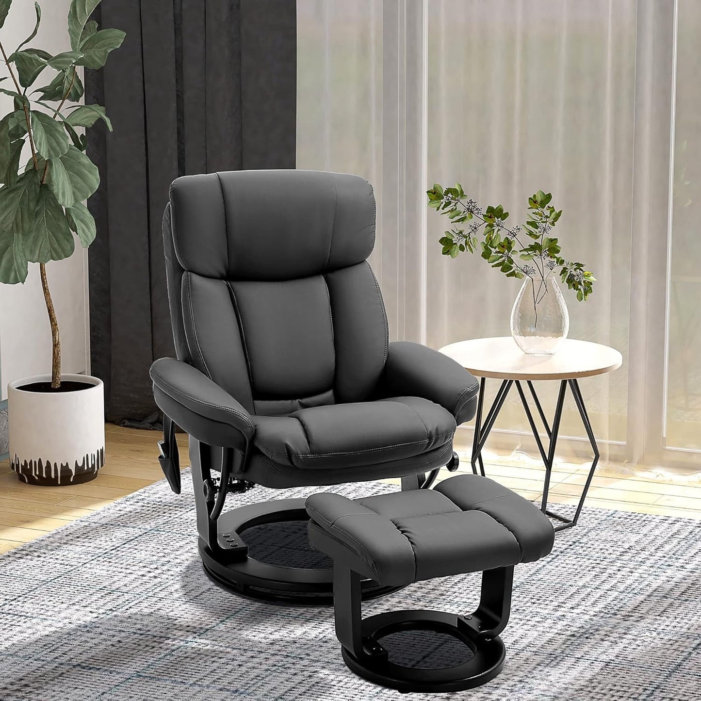 PU Leather Massage Recliner Chair With Ottoman Black Swivel ShipItFurniture