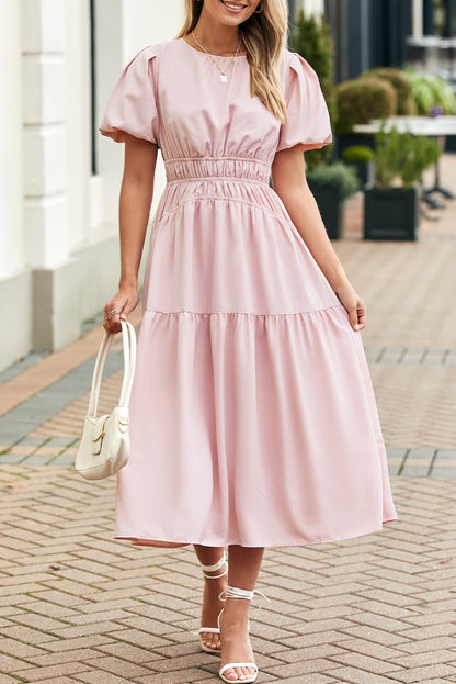 Lara Puff Sleeve Pleated High Waist Midi Dress