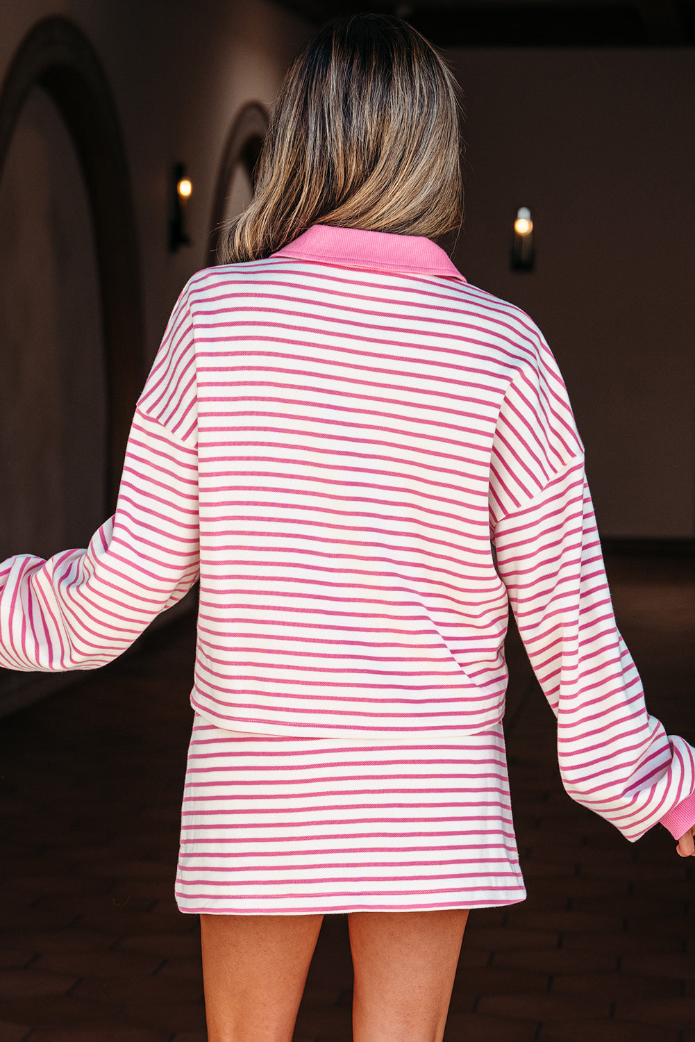 Juniper Stripe Collared Pullover and Skort Outfit Threaded Pear