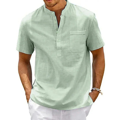 Men's Cotton Linen Shirt Henley Neck Pocket Streetwear Get it from Bo