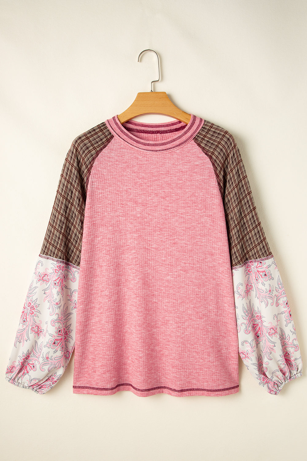 Elena Raglan Sleeve Ribbed Knit Patchwork Blouse Threaded Pear