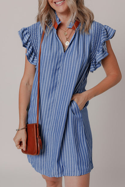 Leah Stripe Frilly Split Neck Shirred Ruffle Sleeve Dress