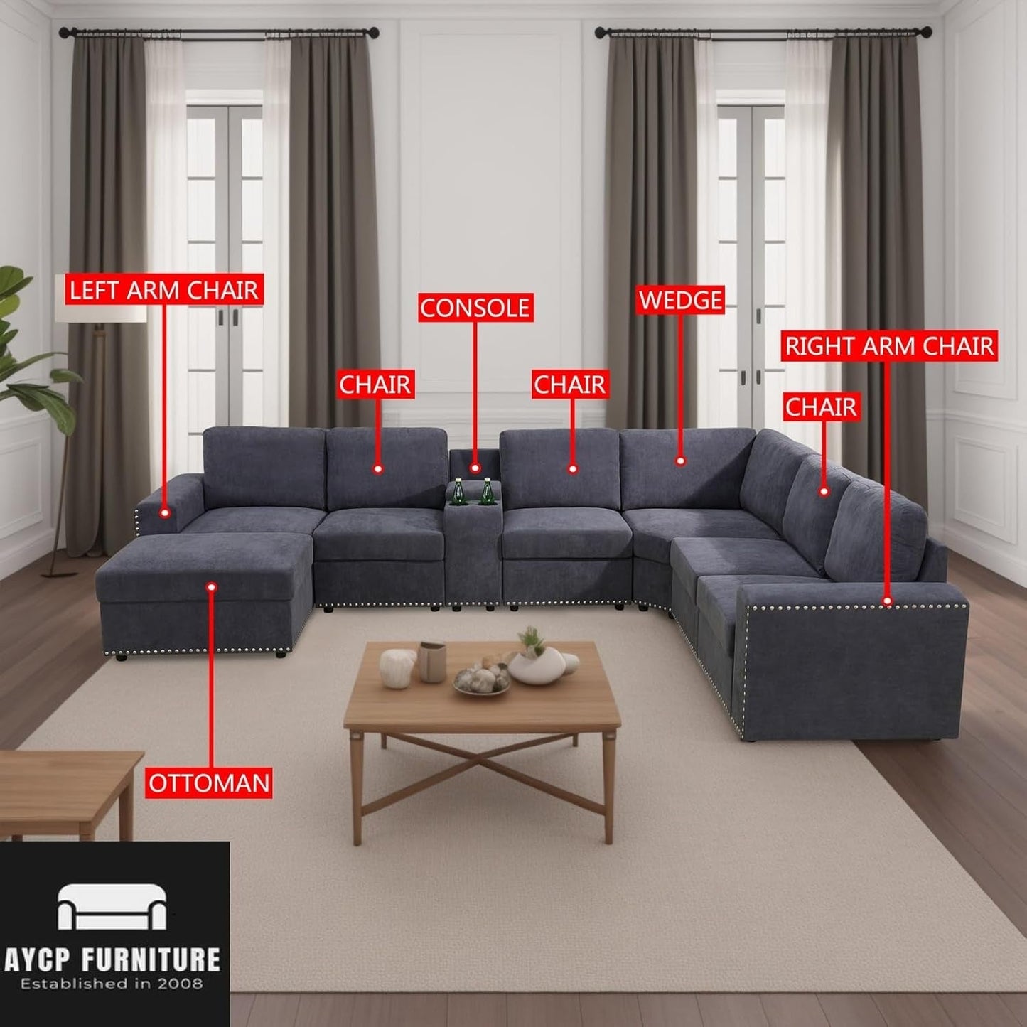 Flannel Modular Sectional Sofa With USB Ports Grey ShipItFurniture